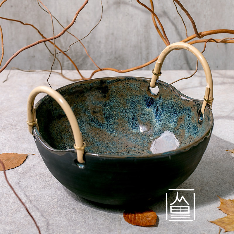 Ceramic bowl with handles black glaze