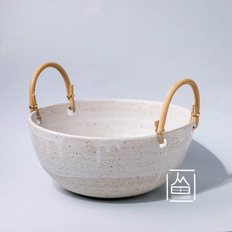 Ceramic bowl with handles white glaze